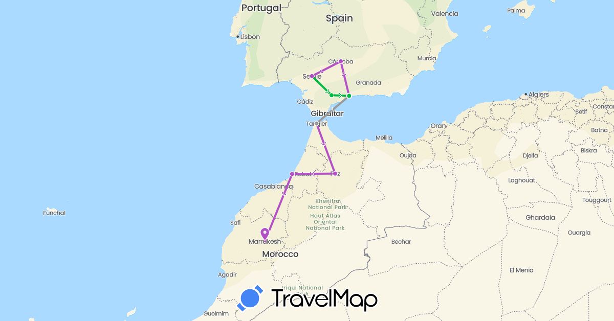 TravelMap itinerary: driving, bus, plane, train in Spain, Morocco (Africa, Europe)