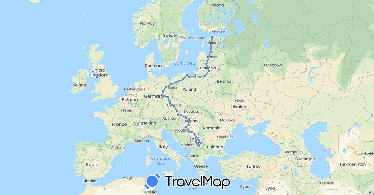 TravelMap itinerary: driving, cycling in Austria, Czech Republic, Germany, Estonia, Croatia, Hungary, Lithuania, Latvia, Poland, Serbia, Slovakia, Kosovo (Europe)